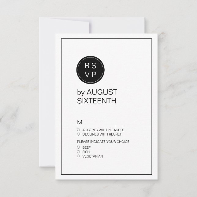 Black and white minimalist modern wedding RSVP Card (Front)