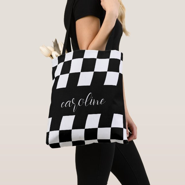 Black and White Minimalist Monogram Chequered Tote (Close Up)
