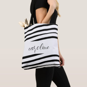 Black and White Minimalist Monogram Striped Tote Bag