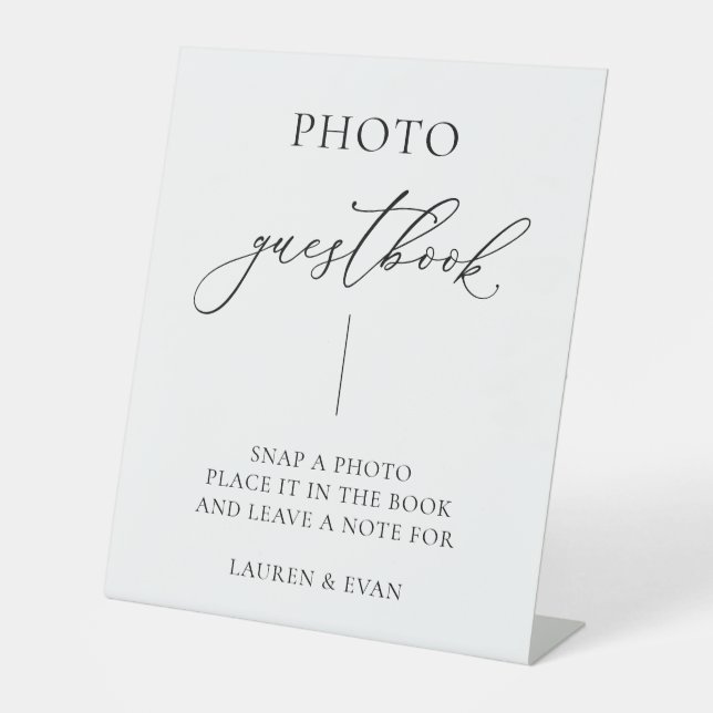 Black and White Minimalist Photo Guestbook Pedestal Sign (Front)