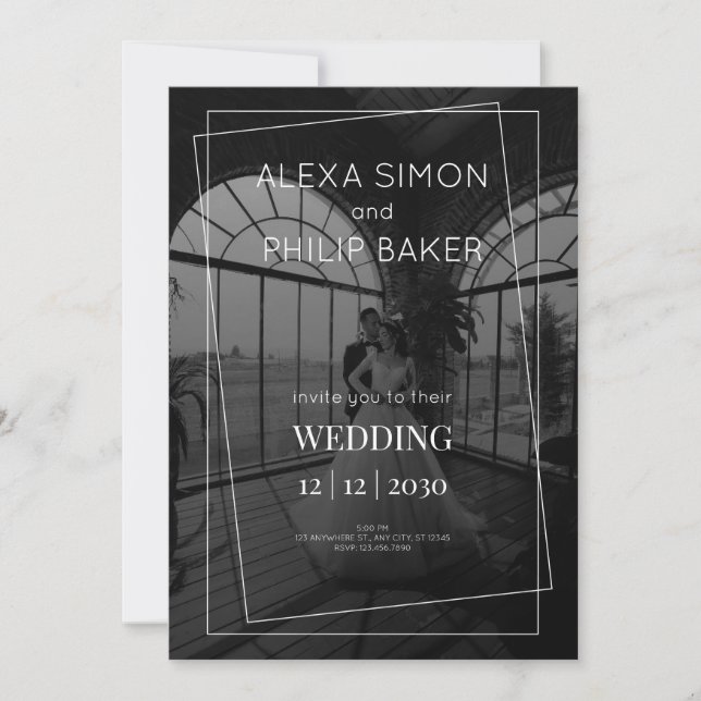 Black and white minimalist photo wedding invitation (Front)