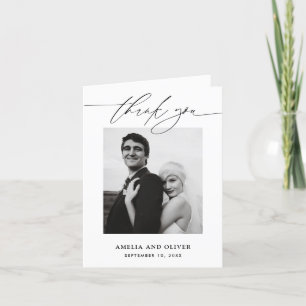 Black and White Minimalist Script Photo Wedding Thank You Card