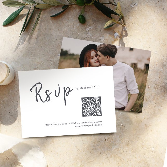 Black and white minimalist script wedding QR code RSVP Card (Black and white minimalist script wedding QR code RSVP Card)