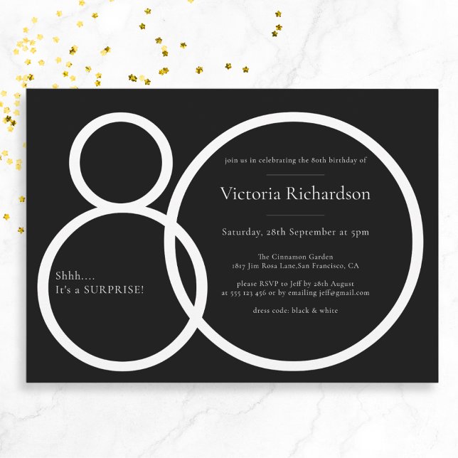 Black and White Minimalist Surprise 80th Birthday  Invitation (Mockup View)