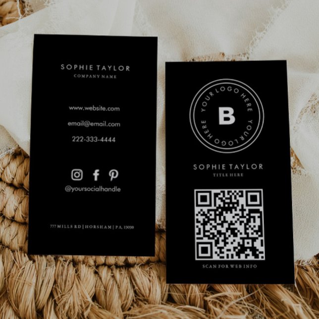 Black and White Minimalist Vertical Qr Code Business Card (Creator Uploaded)
