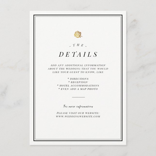 Black and white minimalist wedding details card (Front)