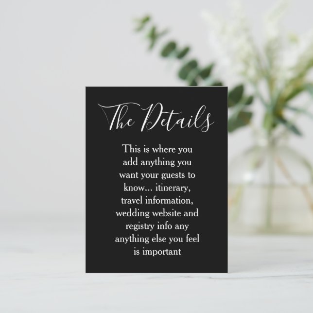 Black and White Minimalist Wedding Details Postcard (Standing Front)