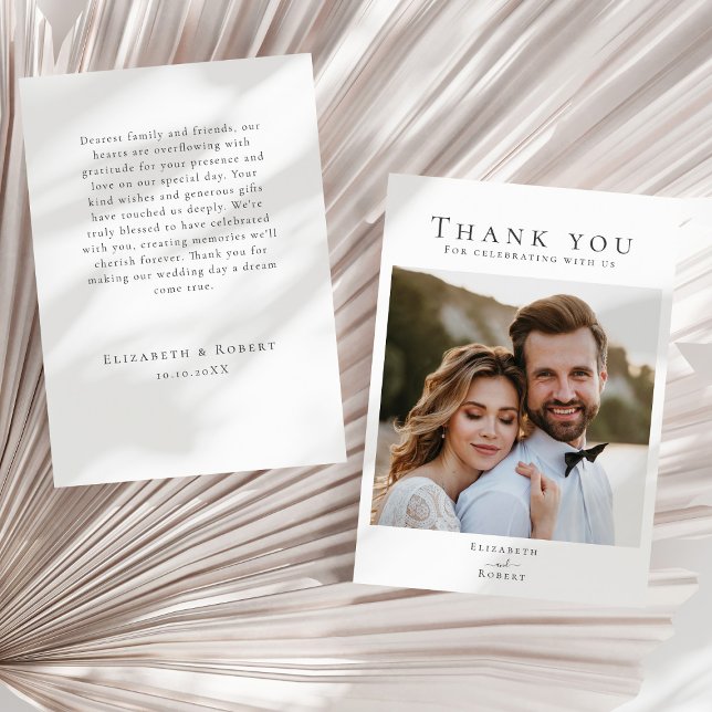 Black and White Minimalist Wedding Photo Thank You Card (Black and White Minimalist Wedding Photo Thank You Card on a sunny neutral dry palm leaf.)