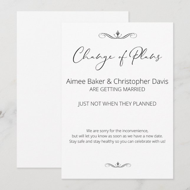 Black and White Minimalist Wedding Postponed Invitation (Front/Back)