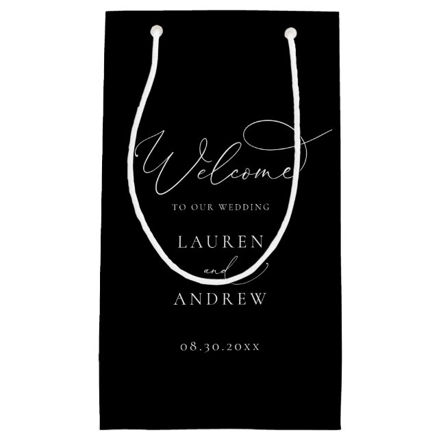 Black and White Minimalist Welcome to Our Wedding Small Gift Bag (Front)