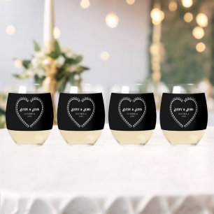 Black and White Minimalistic Gothic Wedding Stemless Wine Glass