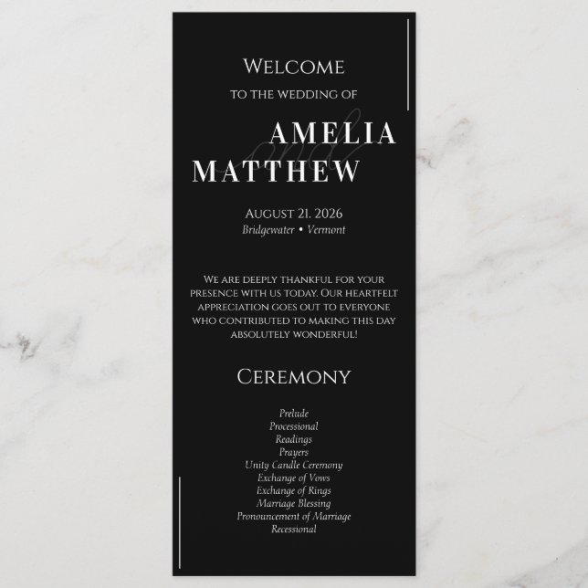 Black and White Minimalistic Wedding Program (Front)