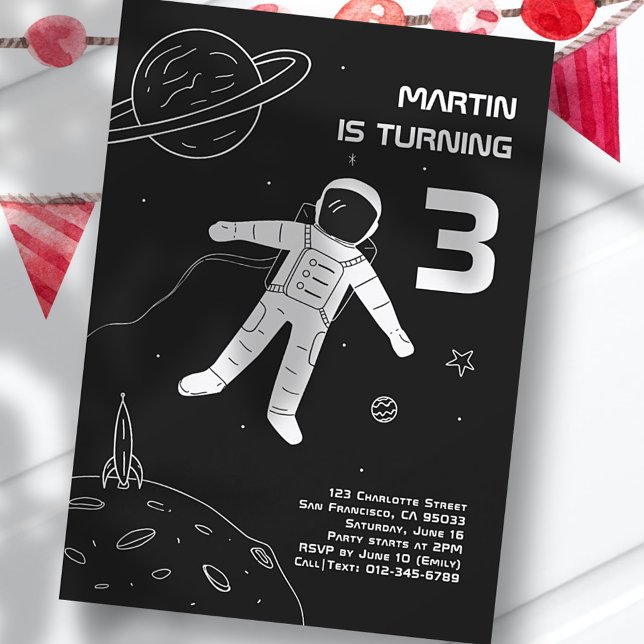 Black and White Modern Astronaut Space Birthday Invitation (Creator Uploaded)