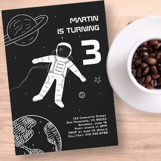 Black and White Modern Astronaut Space Birthday Invitation (Creator Uploaded)