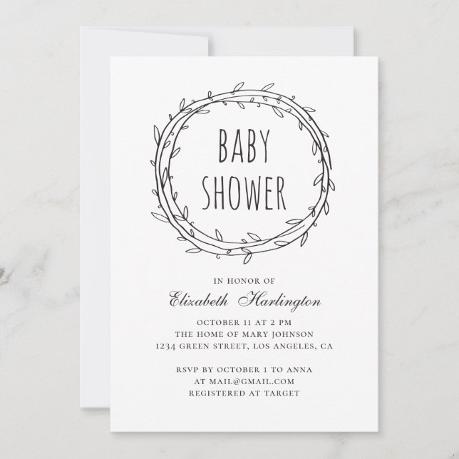 Black and white modern botanical baby shower invitation (Front)