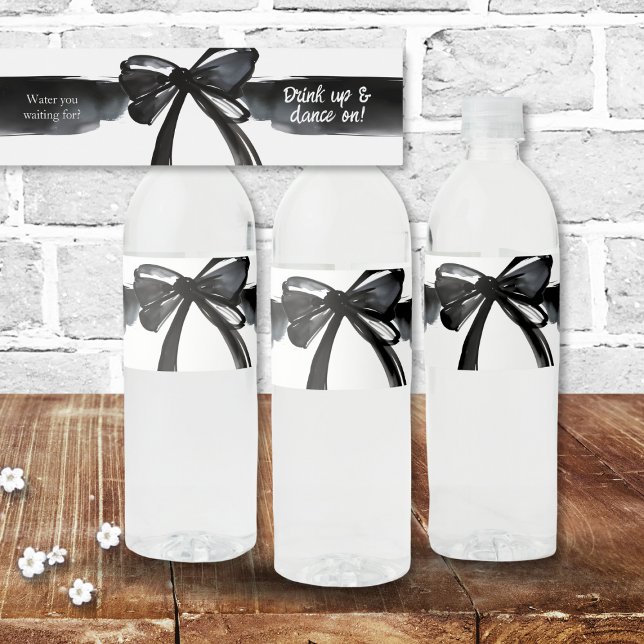 Black and White Modern Bow Water You Waiting For? Water Bottle Label (Black white watercolor ribbon bow water bottle labels wedding bar decor ceremony trendy chic elegant)