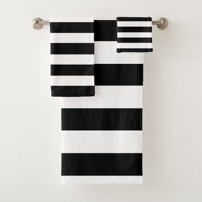 Black and White Modern Broad Stripes Striped  Bath Towel Set (Insitu)