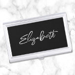 Black and White Modern Brush Script First Name Business Card Holder<br><div class="desc">A first name business card case holder for her. The script is a lovely, brush stroke modern handwritten script that is a perfect gift for her. The decorative brush stroke style may require you to re-centre your given name. You may also customise the white font colour and calligraphy style. The...</div>