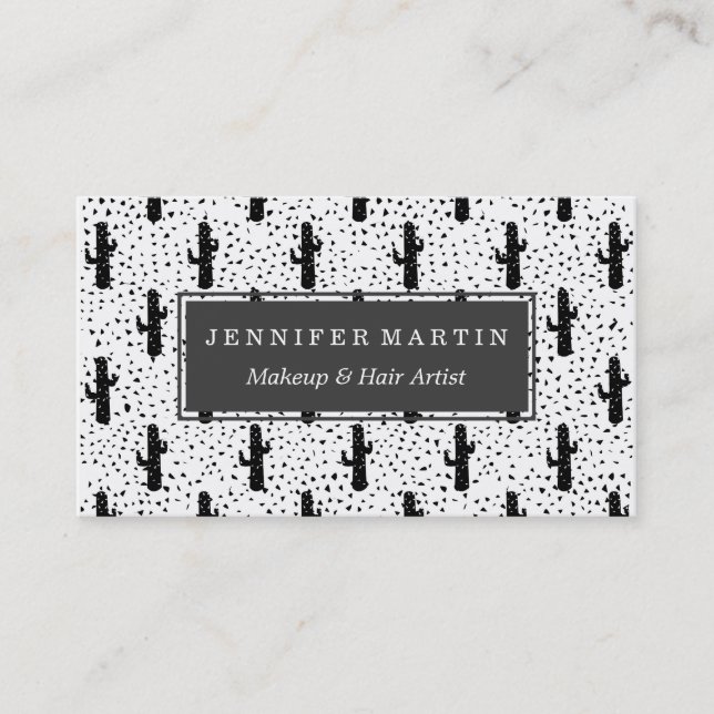 Black and White Modern Cactus and Triangle Geo Business Card (Front)