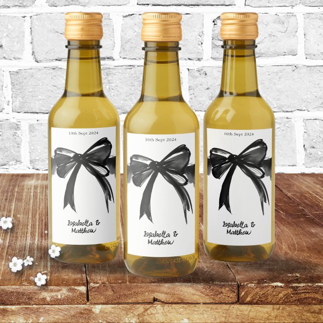 Black and White Modern Chic Cute Bow Wedding Favou Wine Label (Black and White Modern Chic Cute Bow Ribbon Wedding Favor Wine Label gift idea for guests chic trend)