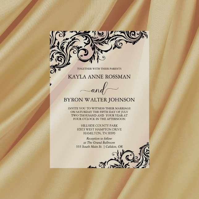 Black and White Modern Damask Wedding Vellum Invitations (Simple Modern Vellum Black and White Wedding Invitation)