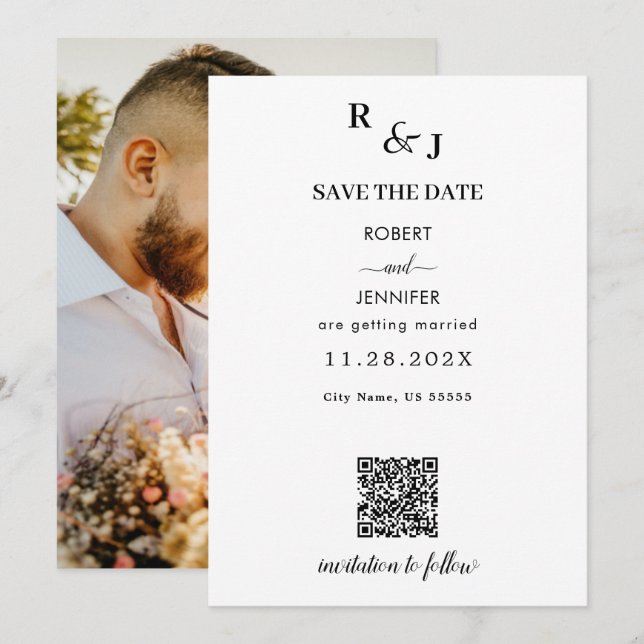 Black and White Modern Elegance Photo Wedding  Save The Date (Front/Back)