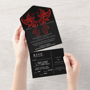 Black and White Modern Elegance Wedding RED All In One Invitation