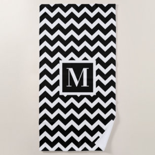 Black and White Modern Elegant Chevron Monogram Beach Towel