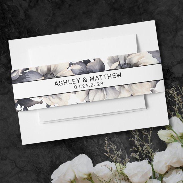 Black And White Modern Elegant Floral Wedding Invitation Belly Band (Black And White Modern Elegant Floral Wedding Invitation Belly Band)