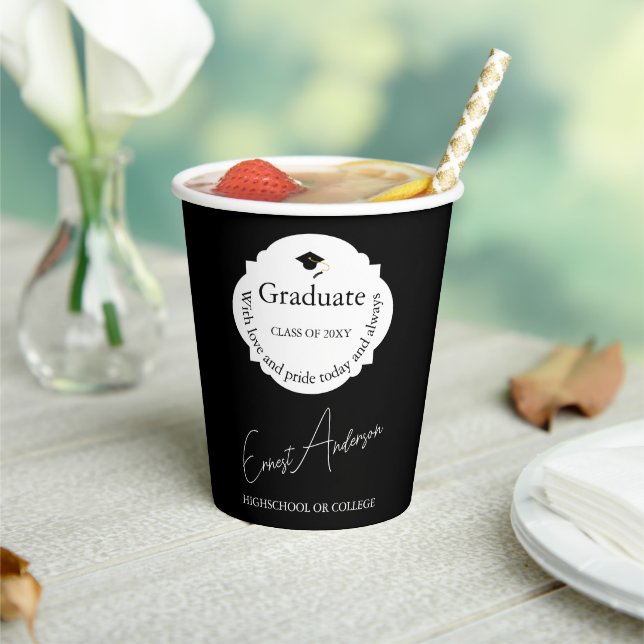 Black and White Modern Elegant Graduate Graduation Paper Cups (Insitu)