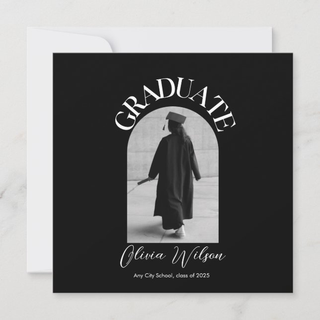 Black and White Modern Elegant Graduation Photo Save The Date (Front)