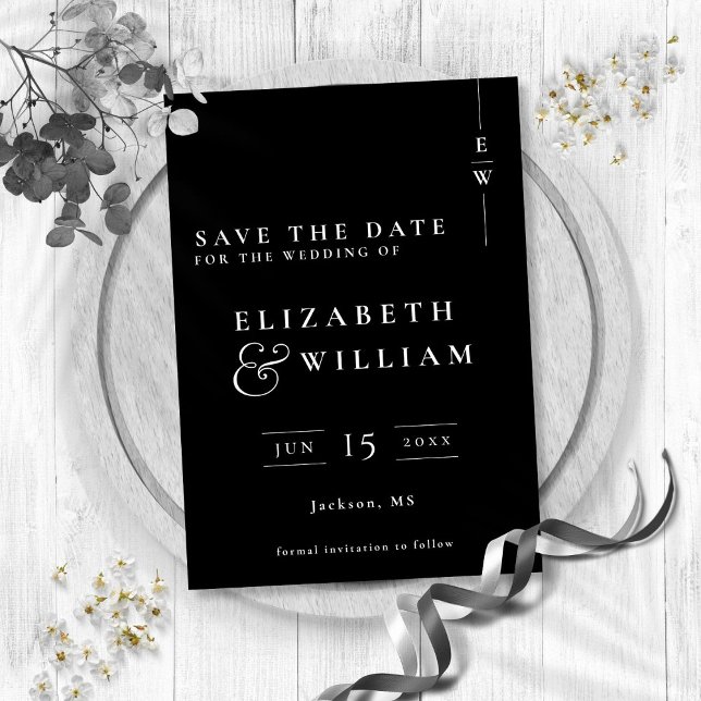 Black And White Modern Elegant Monogram Wedding Save The Date (Black And White Modern Elegant Monogram Wedding Save The Date)