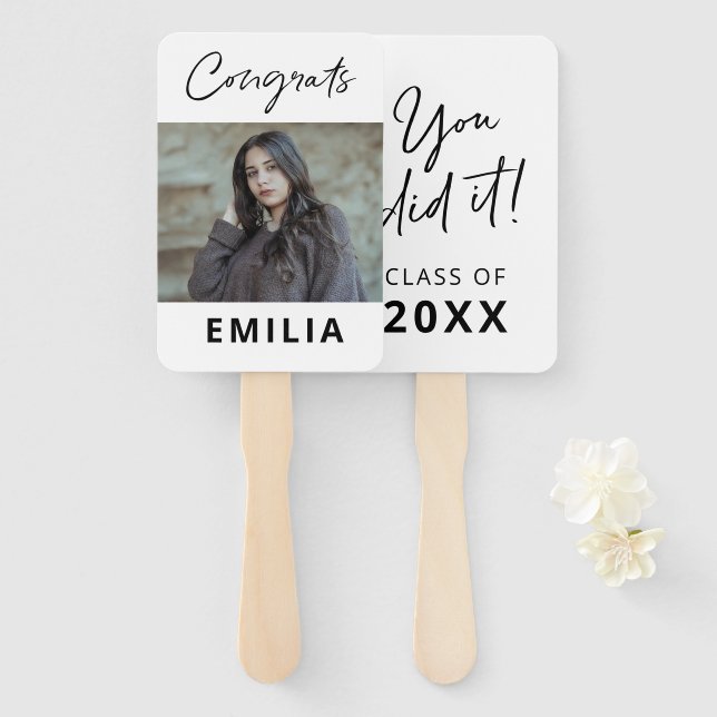 Black and White Modern Elegant Script Graduation  Hand Fan (Front and Back)