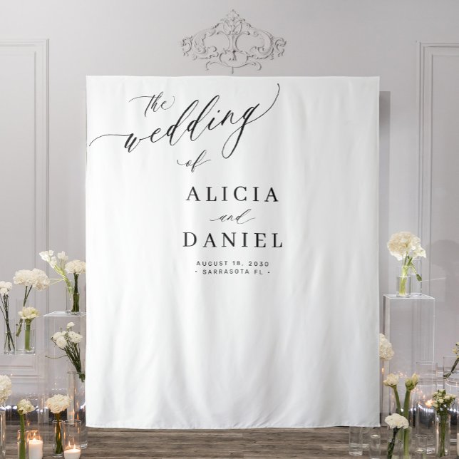 Black and white modern elegant wedding backdrop tapestry (Creator Uploaded)