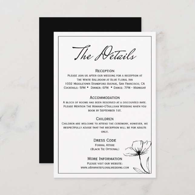Black And White Modern elegant wedding Details  Enclosure Card (Front/Back)
