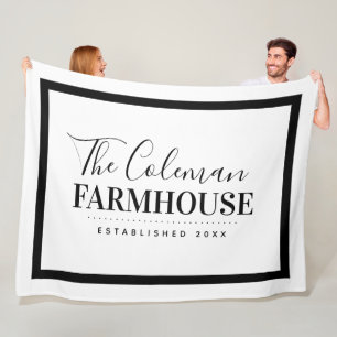 Black and White Modern Farmhouse Family Monogram Fleece Blanket