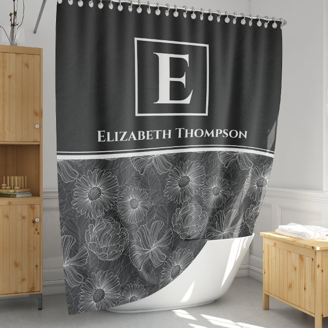 Black and White Modern Farmhouse Monogram Floral Shower Curtain (Creator Uploaded)