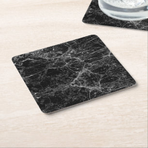 Black and White Modern Faux Marble Pattern Square Paper Coaster