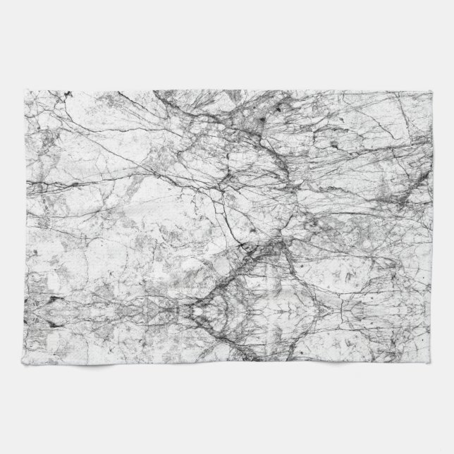 Black and White Modern Faux Marble Pattern Tea Towel (Horizontal)