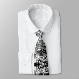 Black and White Modern Floral Flower Print Tie