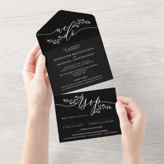Black and White Modern Floral Script Wedding All In One Invitation