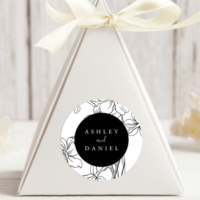 Black and White Modern Floral Wedding Favour Classic Round Sticker (Creator Uploaded)