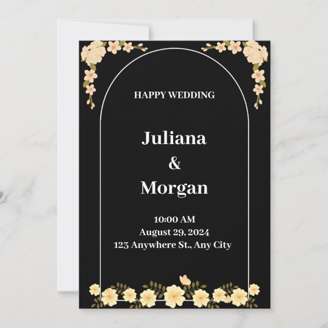 Black and White Modern Flower Happy Wedding  Invitation (Front)
