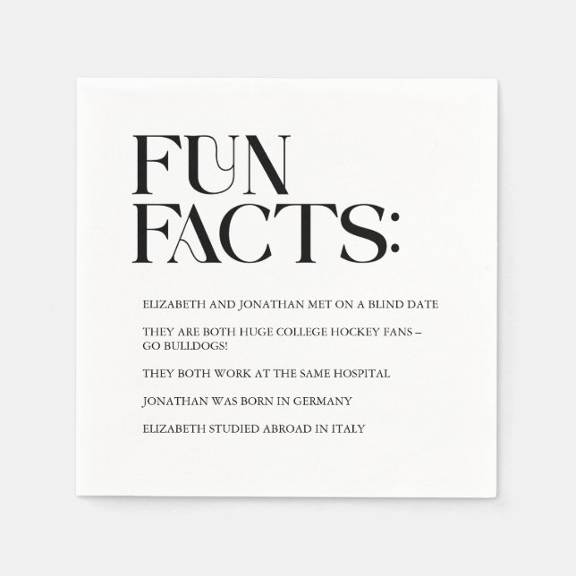 Black and White Modern Fun Facts Wedding Napkin (Front)