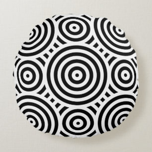 Black and White Modern Geometric Circle Pattern Round Cushion