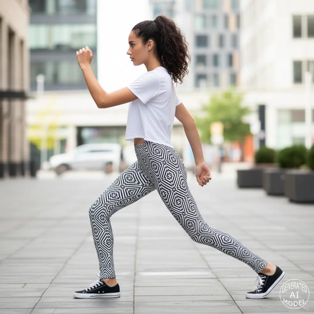 Black and White Modern Geometric Psychedelic Print Leggings (Creator Uploaded)