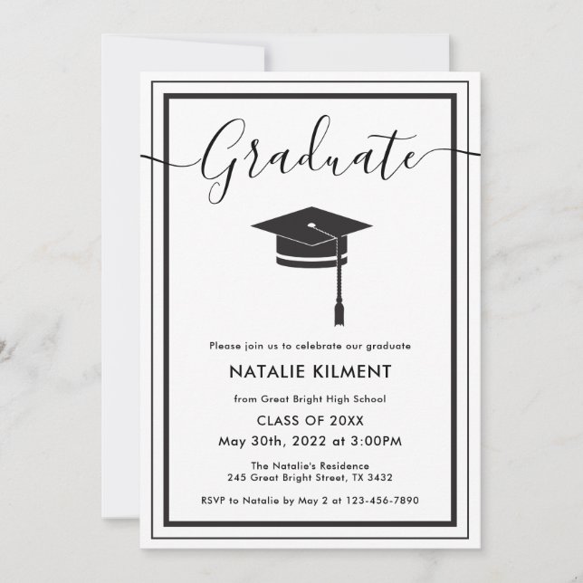 Black and White Modern Graduate Cap Graduation Invitation (Front)