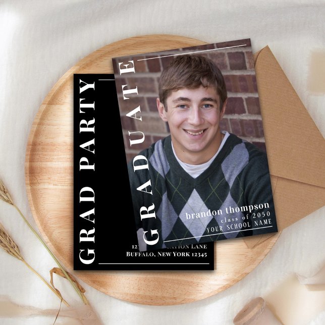 Black and White Modern Graduation Photo Template (Simple black and white graduation photo announcement.)