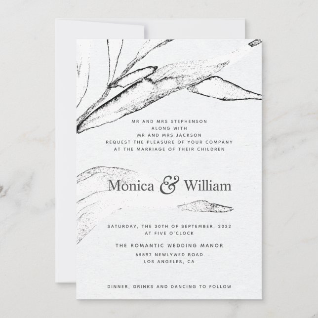 Black and white modern graphic leafage wedding invitation (Front)
