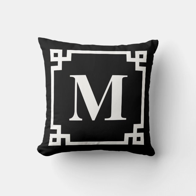 Black and White Modern Greek Key Border Monogram Cushion (Front)